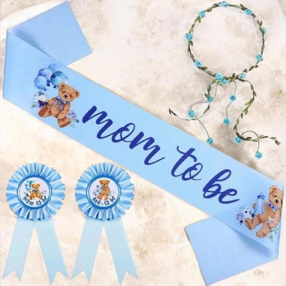 Baby Shower Sash and Flower Crown Set for Mom Dad to Be, Blue Teddy Bear Theme